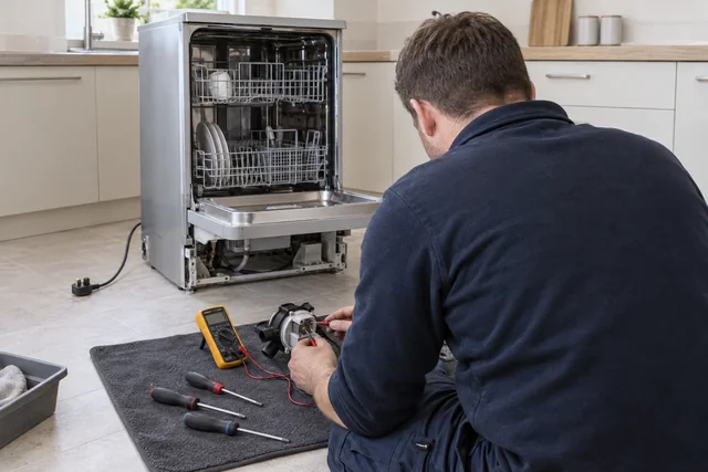 AI illustration of a rear-view technician checking a removed dishwasher component with a multimeter