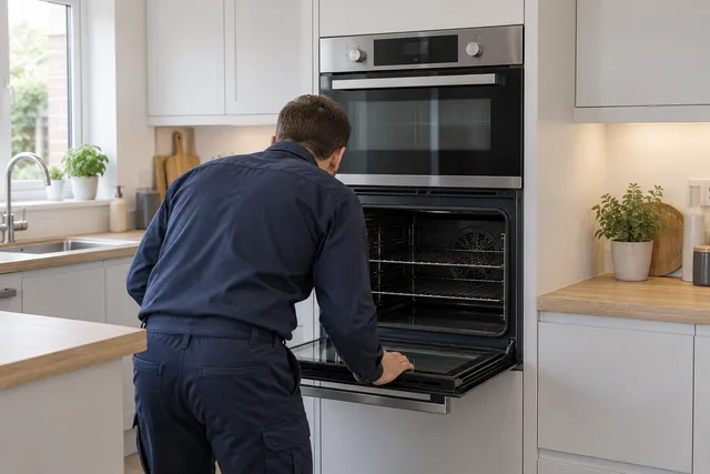 AI illustration of a technician seen from behind inspecting a built-in double oven