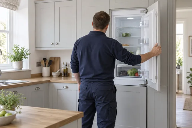 AI illustration of a rear-view technician inspecting an integrated fridge