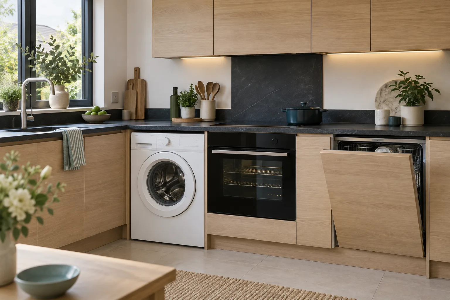 A kitchen with integrated appliances