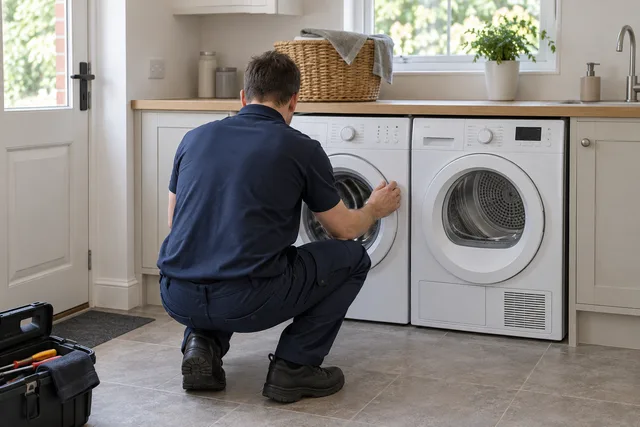 AI illustration of a technician viewed from behind examining a washing machine